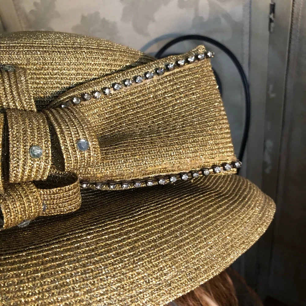 Vintage Wide Brim Embellished Gold Metallic Hat - Picture 9 of 11